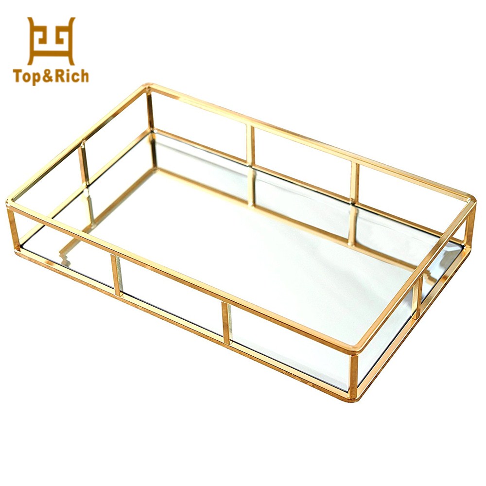 Rectangular Shape Metal Frame Mirror Effect Serving Tray